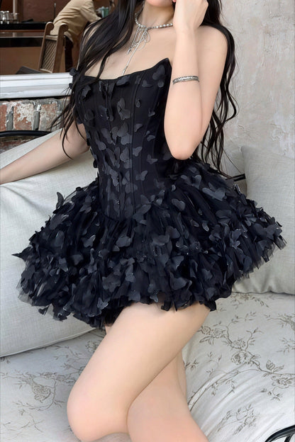 Strapless Corset Bodice 3D Butterfly Applique Ruffle Tiered Mini Dress