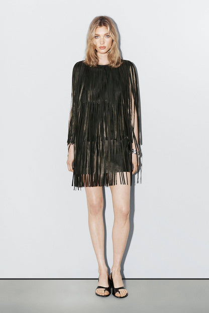 Tassel Design Mini Dress（Belt Not Included）