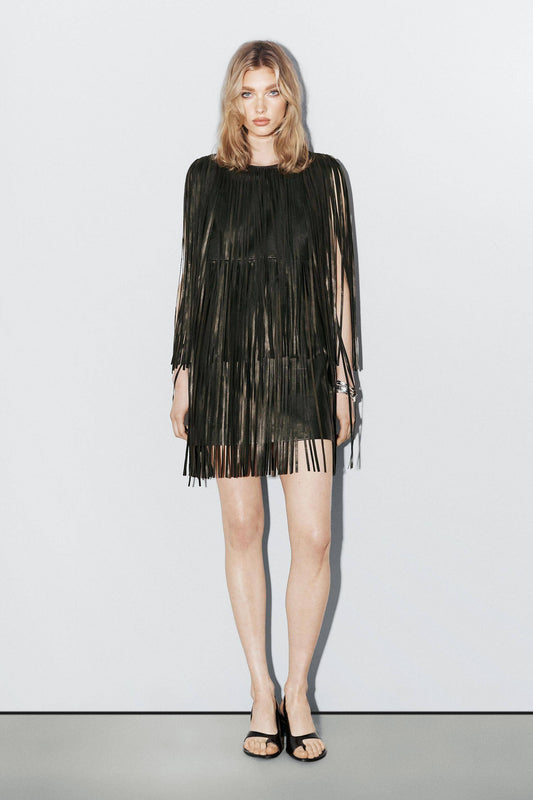 Tassel Design Mini Dress（Belt Not Included）
