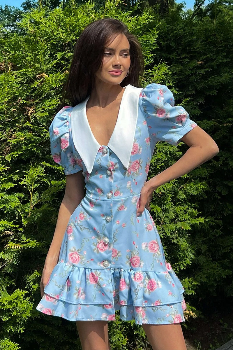 Floral Print Oversized Pointed Collar Puff Sleeve Button Front Tiered Mini Dress