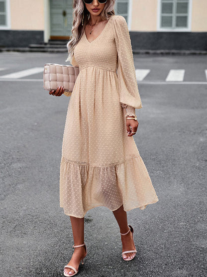 Midi Dress Layered V-Neck Long Sleeves Fall Dresses