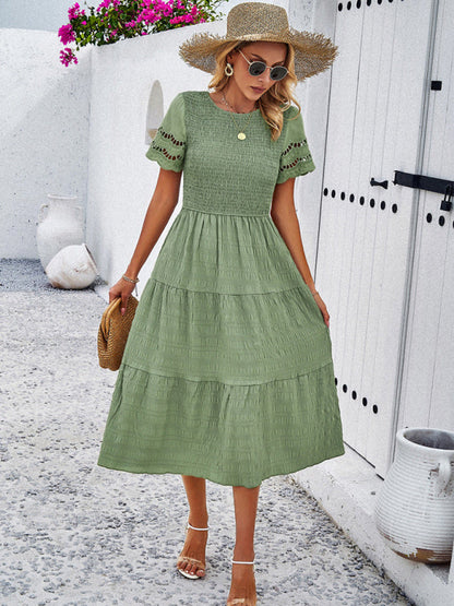 Blue Zone Planet | Solid Color Short Sleeve Cutout Midi Dress