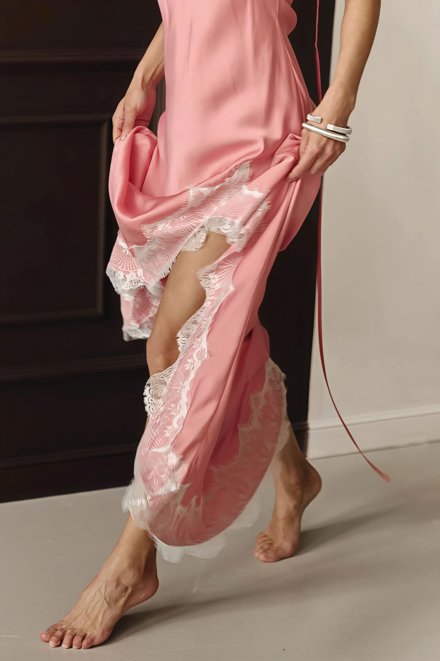 | Lace Spaghetti Strap Maxi Dress in Silk-Like Material