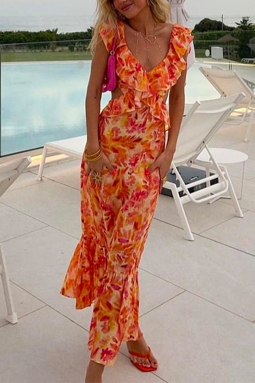 V Neck Cut Out Tie Back Printed Ruffle Maxi Dress