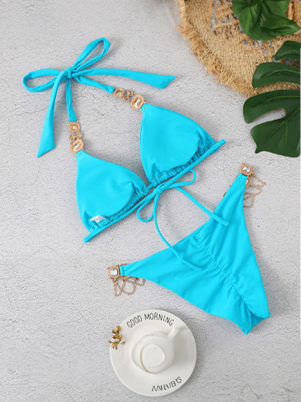 Solid Gem Engraved Halter Tie Back Bikinis