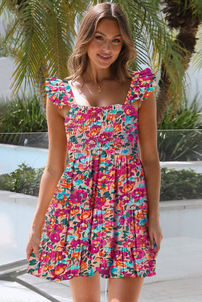 Rose Ruffled Shirred Sleeveless High Rise Floral Mini Dress