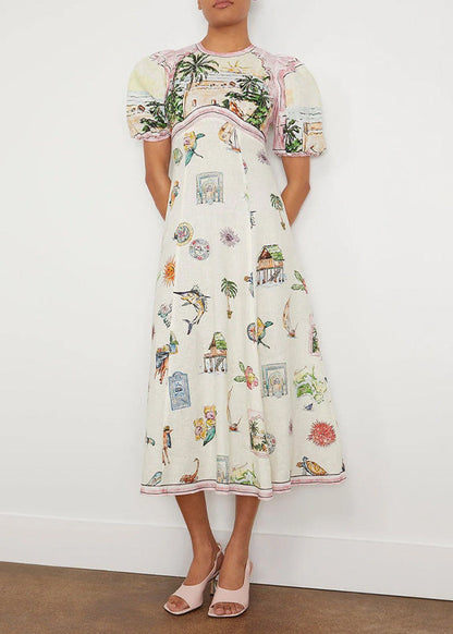 Fashion White O-Neck Puff Sleeve Print Maxi Dresses