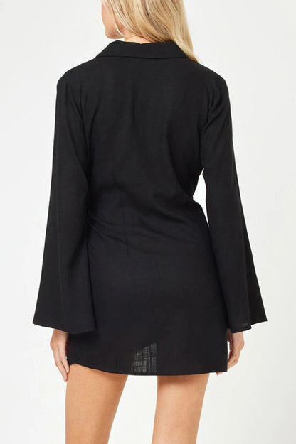 Solid Color Casual Long-sleeved V-neck Tie Waist Mini Dress