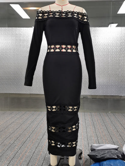 Bodycon Long Sleeves Hollow Solid Color Split-Joint Off-The-Shoulder Midi Dresses