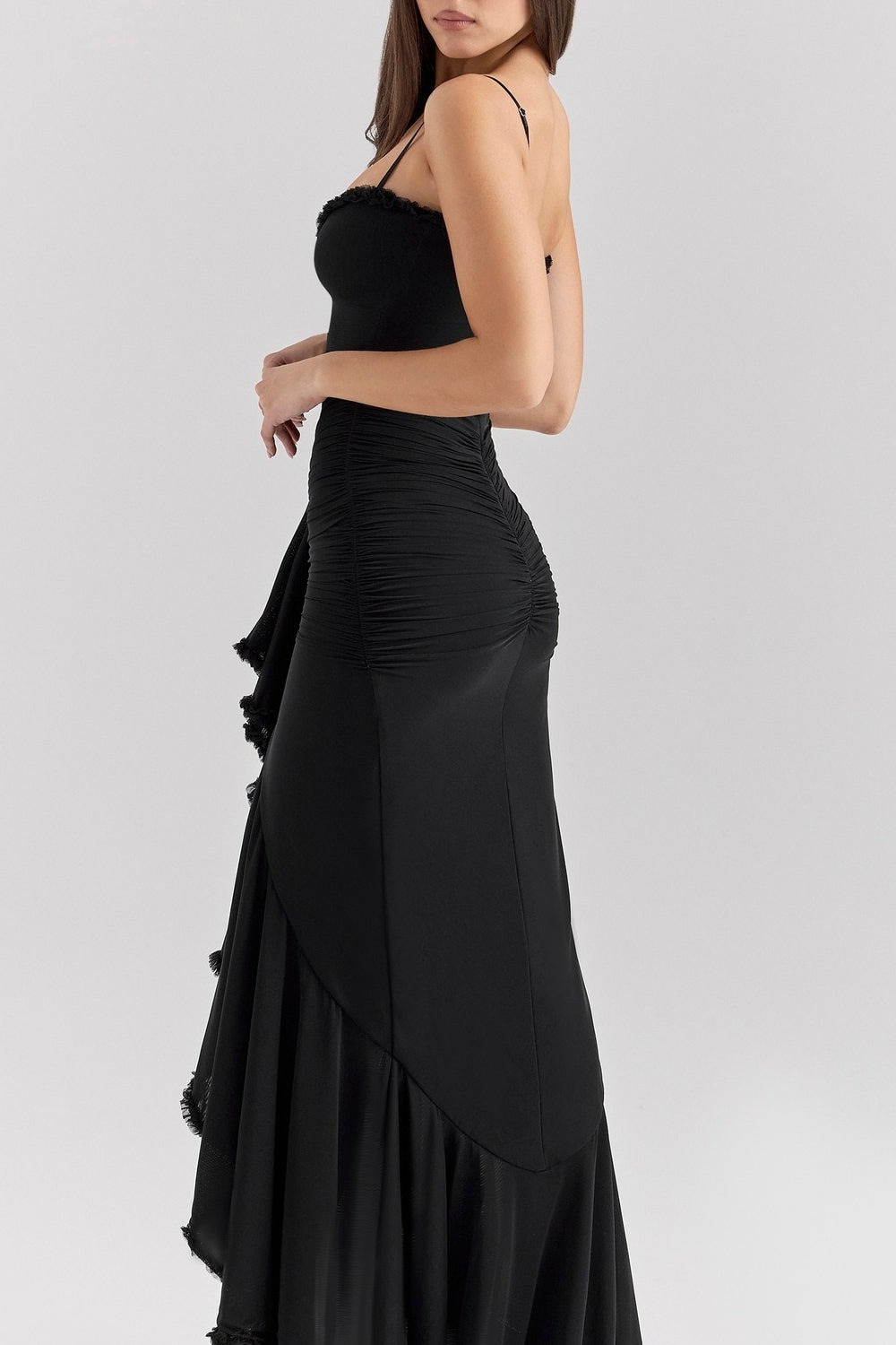 Sweetheart Spaghetti Strap Ruched Mesh Ruffle Trim Wrap High Slit Maxi Dress