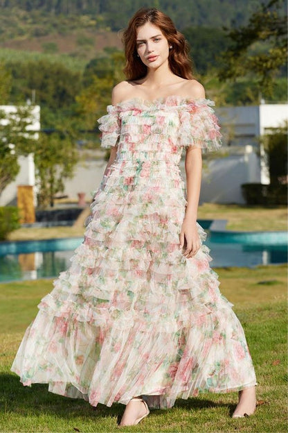 Floral Frill Off-Shoulder Midi Dress