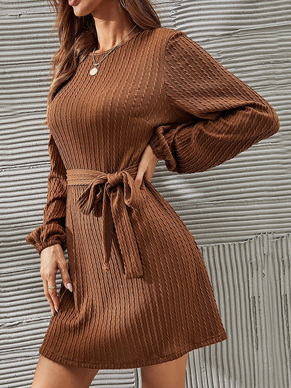 Long Sleeves Loose Hollow Solid Color Tied Waist Round-Neck Mini Dresses