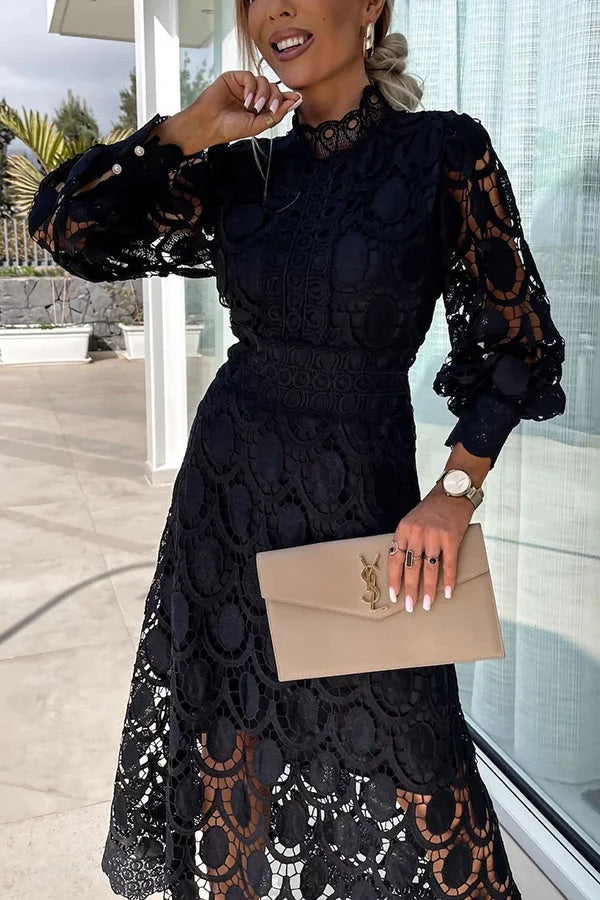 Guipure Lace Mock Neck Lantern Sleeve Scalloped Hem Hollow Out Midi Dress