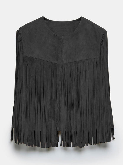 Western Cowgirl Fringe Vest Crew Neck Bohemian Spring Suede Jacket For Women 2026