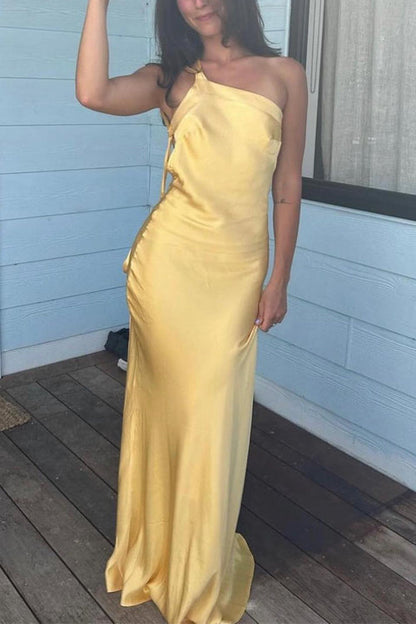 One Shoulder Open Back Tie Knot Satin Maxi Dress