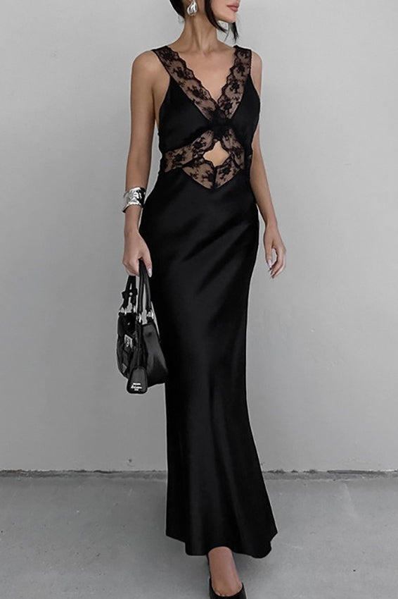 Deep V-Neck Lace Trim Diamond Cutout Satin Slip Midi Dress