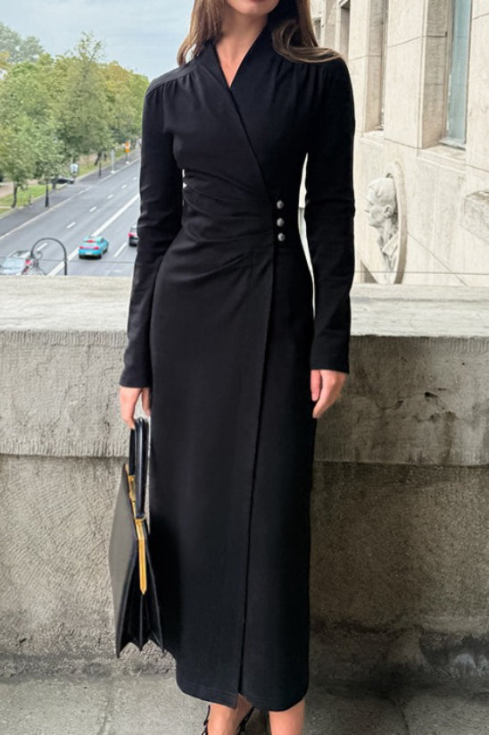 Ruched Wrap Surplice Long Sleeve Side Button Midi Dress