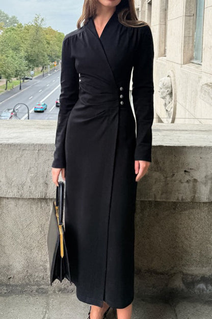 Ruched Wrap Surplice Long Sleeve Side Button Midi Dress