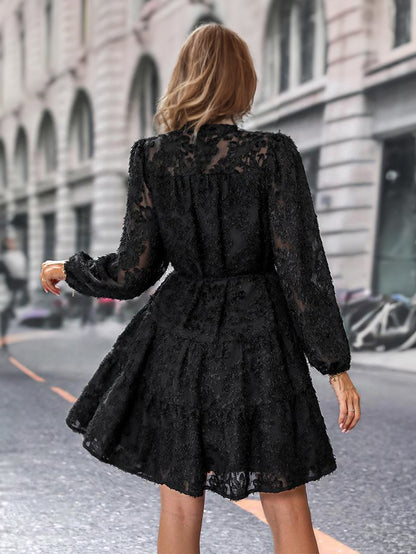 Floral Dress Midi Dress Long Sleeves Jewel Neck Classic Sash Medium Fall