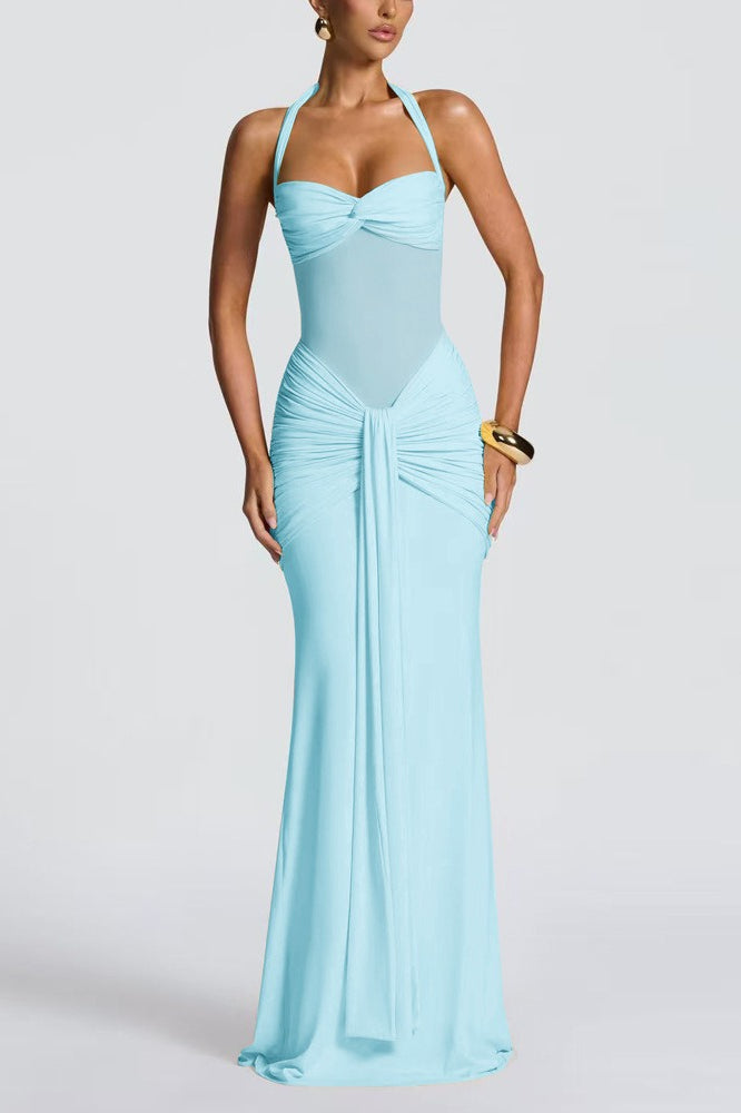 Halter Sweetheart Ruched Mesh Panel Cutout Front Drape Maxi Dress