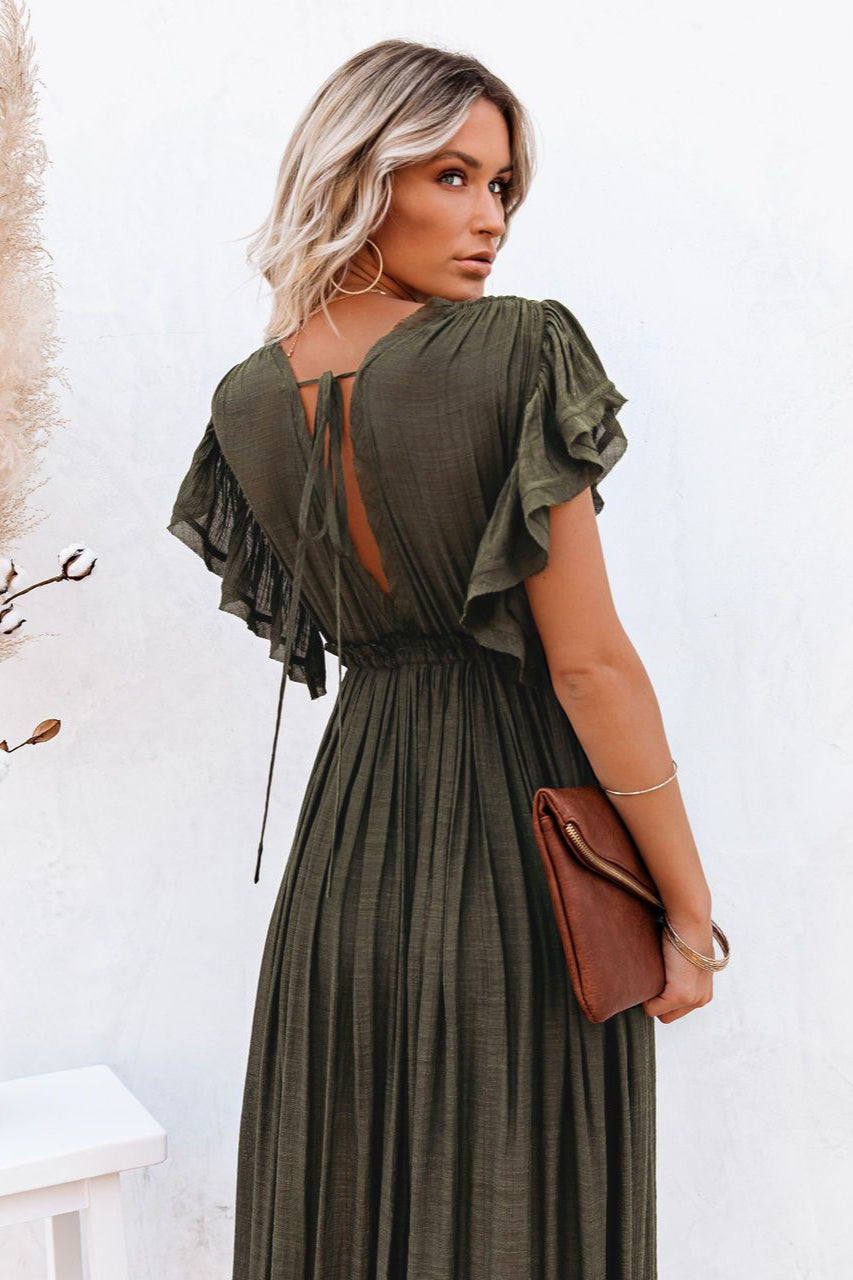 Deep V-Neck Flutter Sleeve Button Front Drawstring Waist Maxi Dress