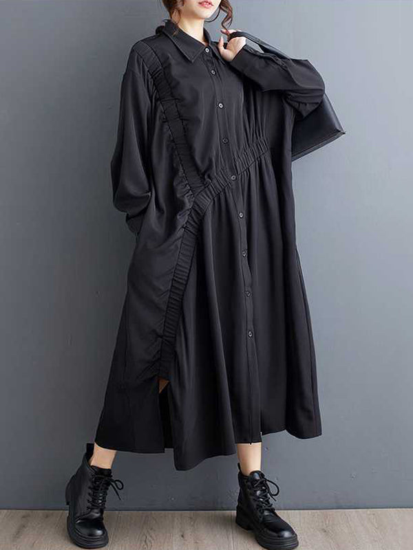 A-Line Long Sleeves Asymmetric Buttoned Elasticity Pleated Pockets Solid Color Lapel Midi Dresses Shirt Dress