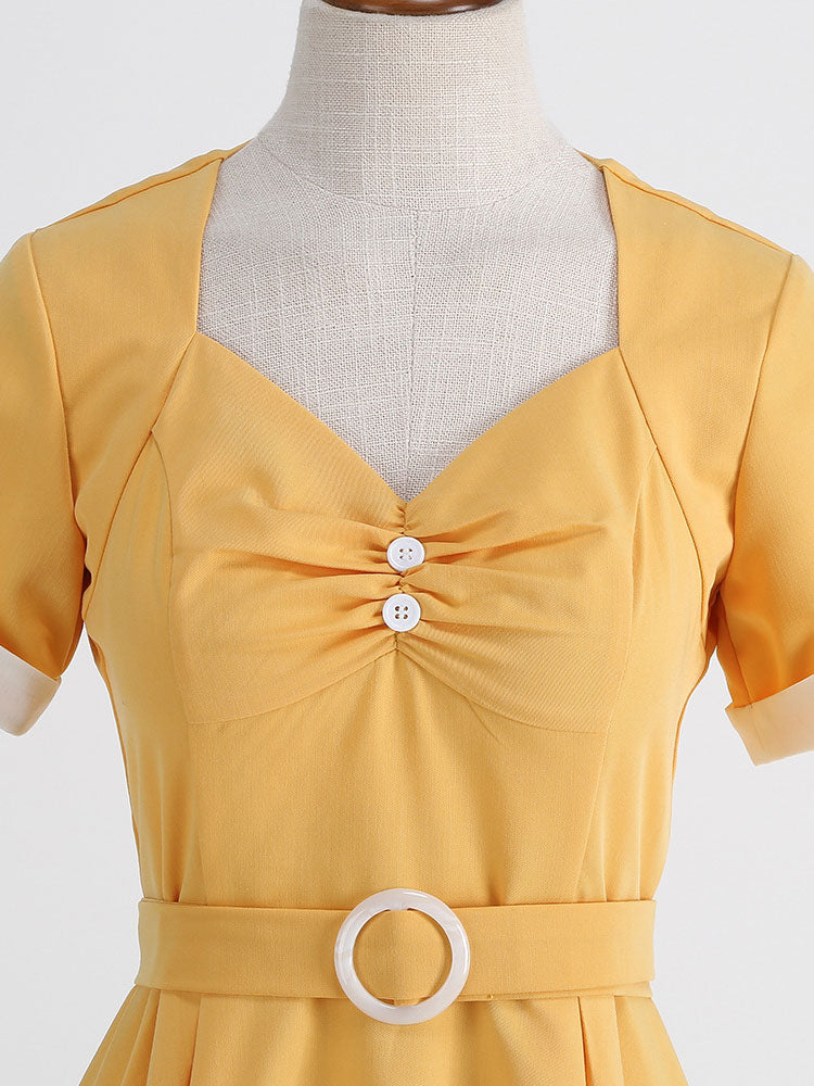 Dress Designed Neckline Short Sleeves Ring Detail Retro Midi Dress