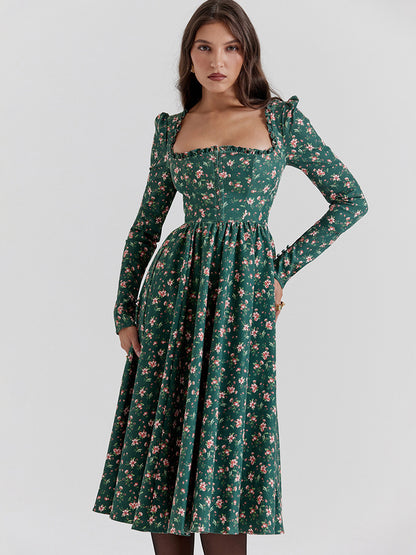 Dark Navy A-Line Dress Square Neck Backless Long Sleeves Day Midi Dresses