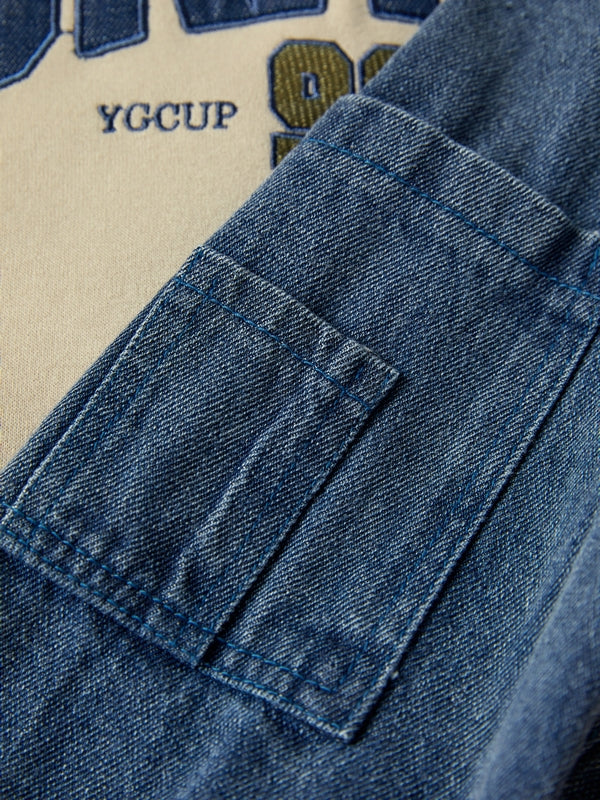 Denim Splice Letter Print Lapel Neck Oversized Hoodie