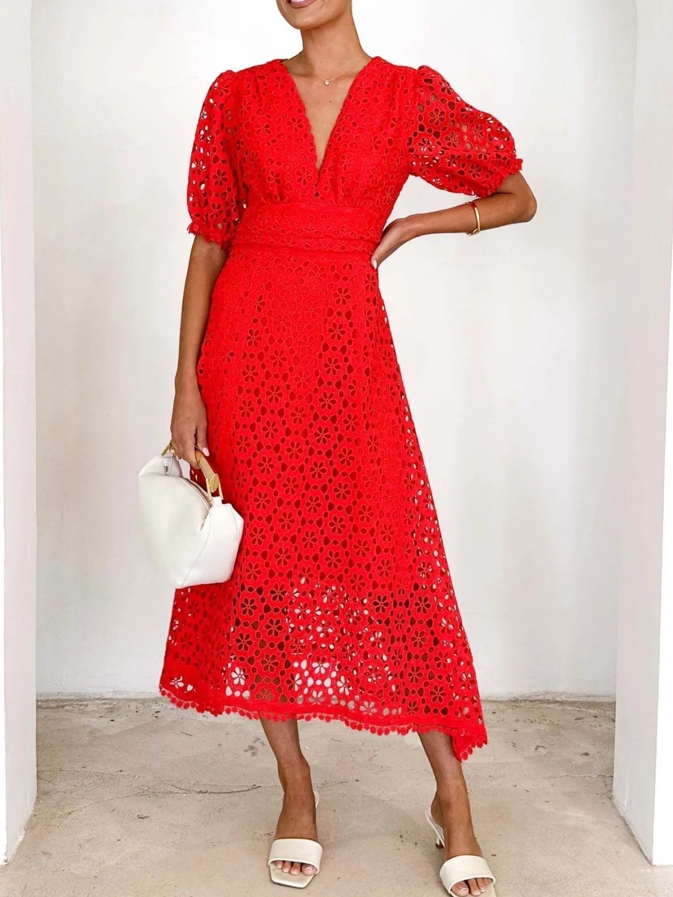 Floral Eyelet Lace V-Neck Puff Sleeve Fitted Waist Scalloped Hem Midi Dress