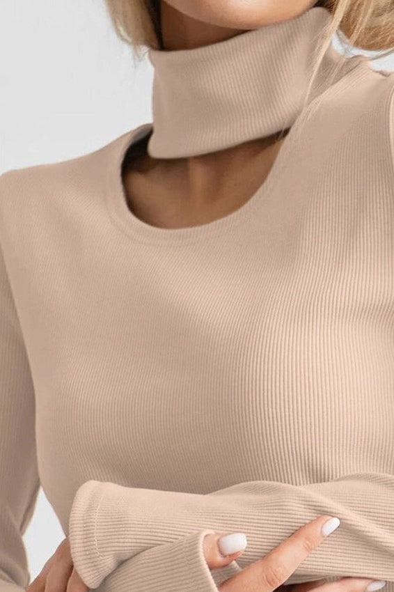 Ribbed Knit Mock Neck Cutout Long Sleeve High Slit Bodycon Midi Dress