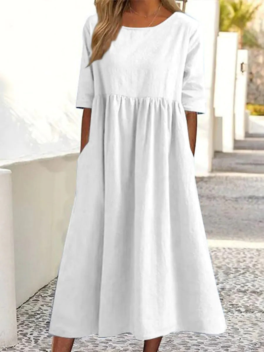 Linen Look Crew Neck Three Quarter Sleeve Pocket Empire Waist Midi Dress