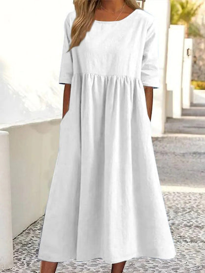 Linen Look Crew Neck Three Quarter Sleeve Pocket Empire Waist Midi Dress