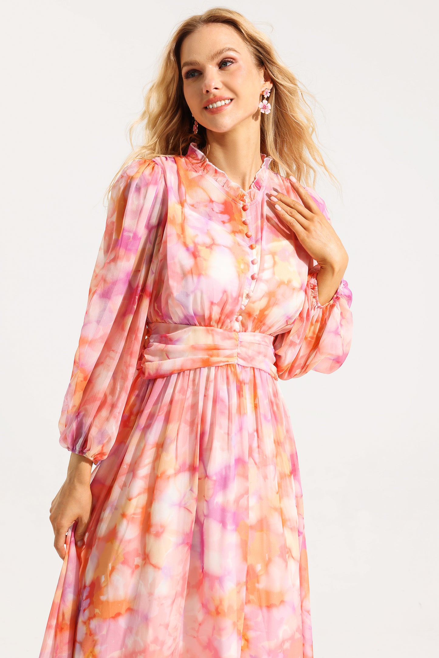 Abstract Print Frill Long Sleeve Midi Dress