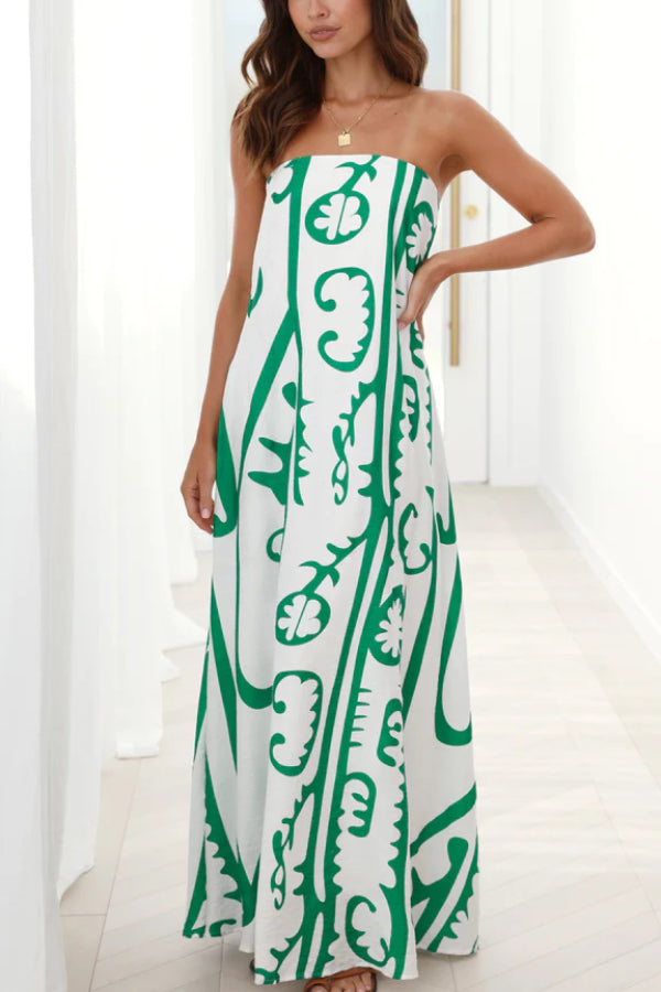 Graphic Scroll Print Strapless Bandeau Flowy A-Line Maxi Dress