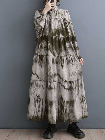 A-Line Long Sleeves Pleated Printed Split-Joint Stand Collar Midi Dresses