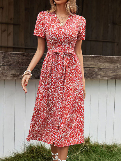 V-Neck Short Sleeves Midi Dress