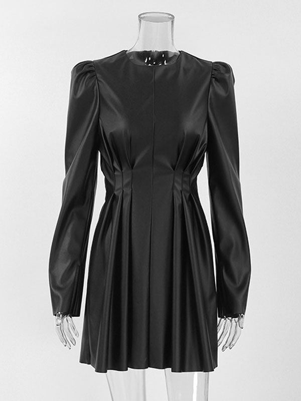 Black Midi Dress Puff Sleeves Pleated PU Leather Zipperr Day Dresses