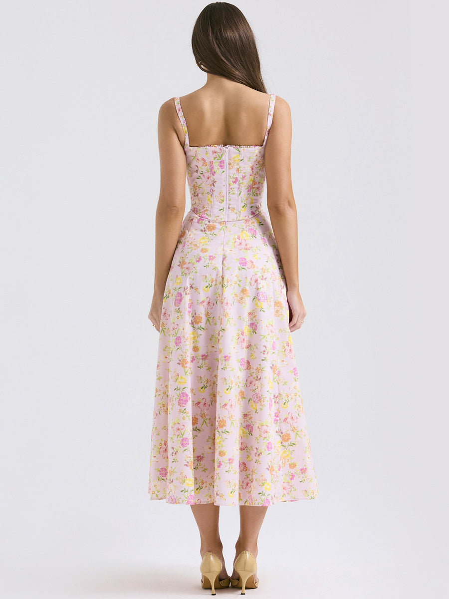 Floral Dress Midi Dress Floral Print Sleeveless Straps Neck Chic Adjustable Straps Lace Up Long Fall