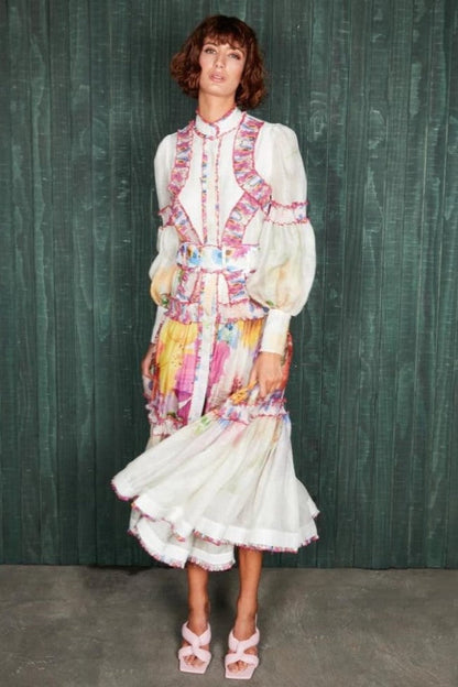 Floral Lantern Sleeve Stand Collar Frill Midi Dress With Belt