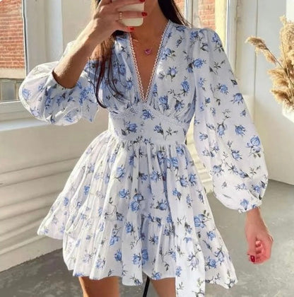 Women's V-Neck Floral Mini Dress with Long Puff Sleeves – Stylish Party Dress
