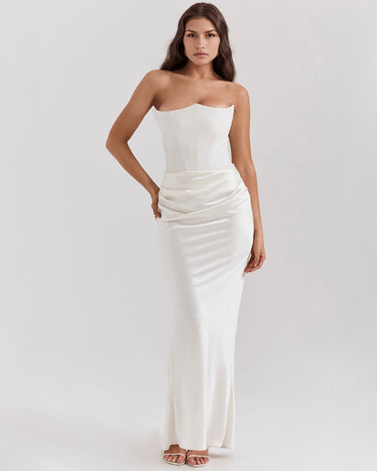 Strapless Pointed Sweetheart Corset Bodice Draped Hip Column Maxi Gown