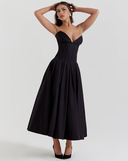 Strapless Deep V Neck Corset Bodice Pleated Fit and Flare Midi Dress