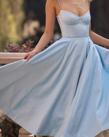 Bustier Spaghetti Strap Lace Trim Pleated Fit and Flare Midi Dress
