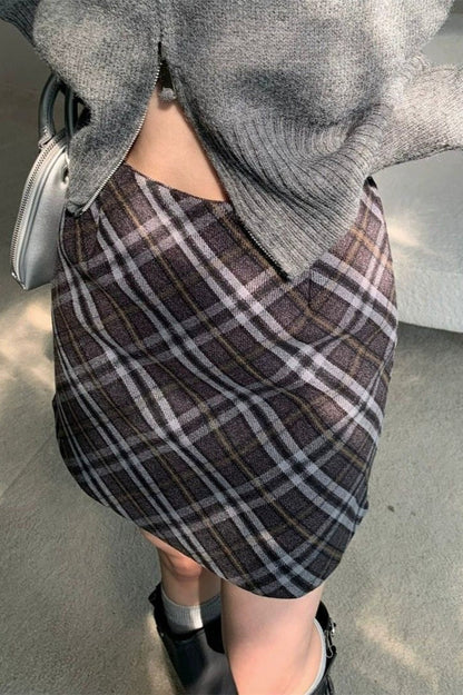 Tweed Plaid Vintage High Waist Fitted Short Skirt