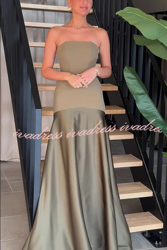 Timeless Elegance Satin Patchwork Strapless Flare Gown Maxi Dress