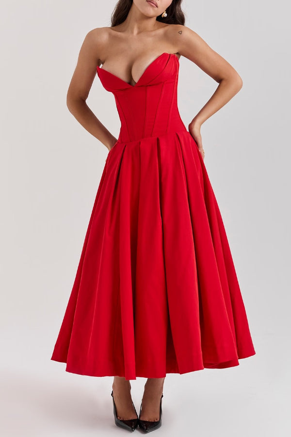Strapless Corset Sweetheart Neckline Pleated Full Skirt Midi Dress