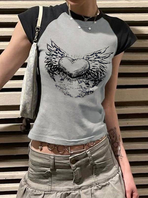 Y2K Wings Print Contrast Raglan Slim Short Sleeve Tee