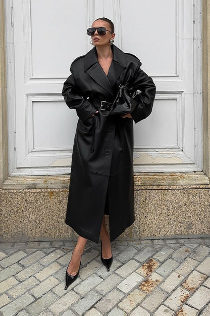 Knee-Length Heavy-Detail Faux Leather Overcoat