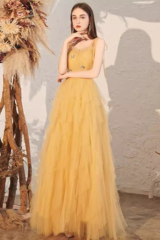 Sweetheart Ruched Bow Strap Tiered Tulle A-Line Maxi Gown